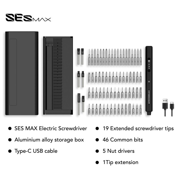 Arrowmax 230613-B - SES MAX - Akkuschrauber - im Set mit 70 Bits und Alu Box - SCHWARZ