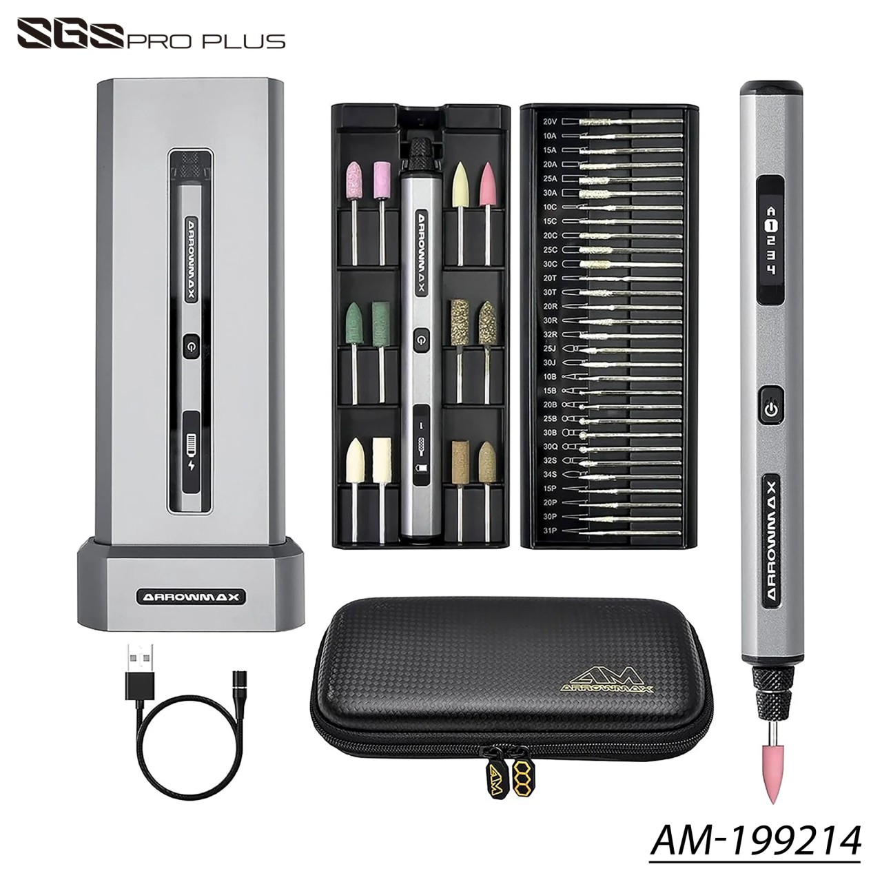 Arrowmax 199214 - SGS PRO PLUS - Electric Engraving + Polishing Tool Set + Bag + Charger Stand